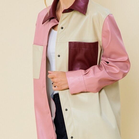 Color Block Faux Leather Shacket - Picture 1 of 5